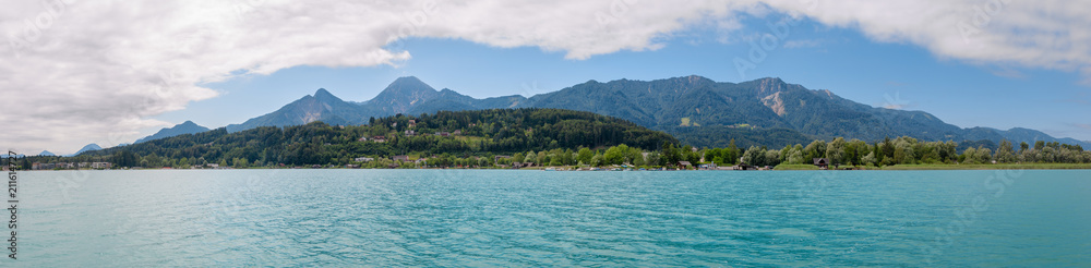 Panoramic view of Faaker See with Karawanks Alps, Austria
