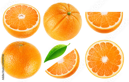Isolated oranges collection. Whole orange fruits and cut into pieces isolated on white background with clipping path