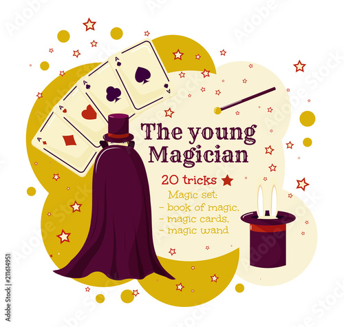 The young wizard or magican. Magic Game Template. Set for tricks
