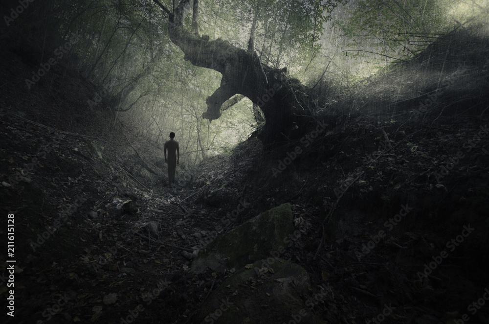 scary forest scene with old tree and mysterious ghostly figure, gothic