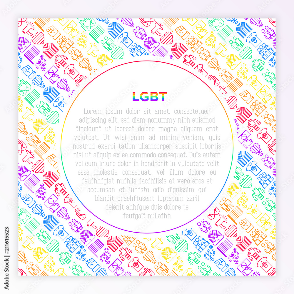 LGBT concept with thin line icons: gay, lesbian, rainbow, coming out, free love, flag, support, stop homophobia, LGBT rights, pride day. Modern vector illustration, print media template.