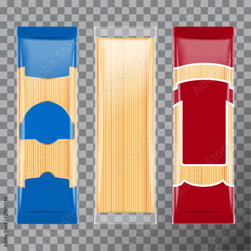 Spaghetti, capellini pasta package template design, isolated on transparent background. Vector mock up illustration