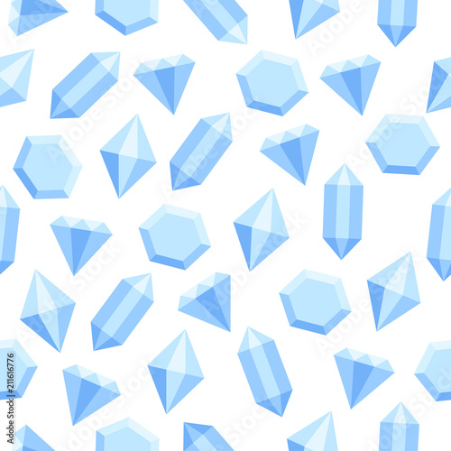 Simple flat blue diamond crystals on white seamless pattern, vector