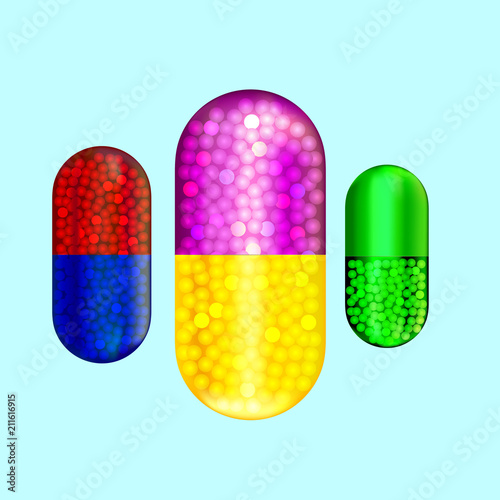 Vector set of gelatin capsules. Isolated objects. Medicines and vitamins.