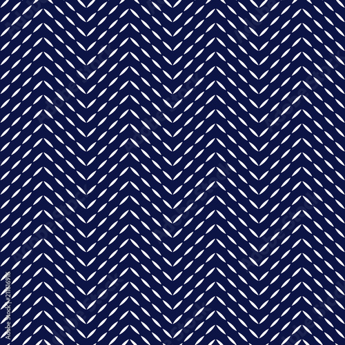 Blue and white quilted fabric herringbone stitches geometric seamless pattern, vector