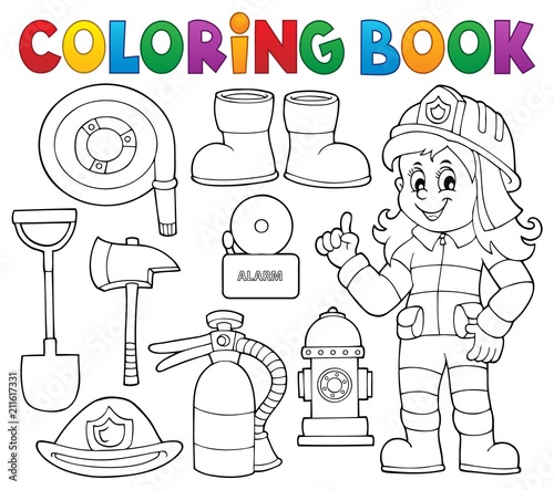 Coloring book firefighter theme set 1