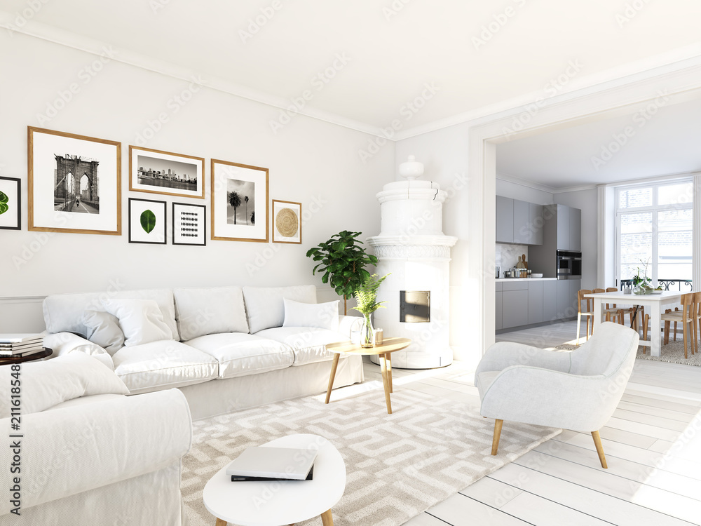 Fototapeta premium living room with picture frames and fireplace. 3d rendering