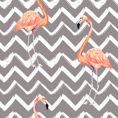 Papier peint photo Chevron patrons Flamants tropicaux chevrons aquarelle estivale  © natikka