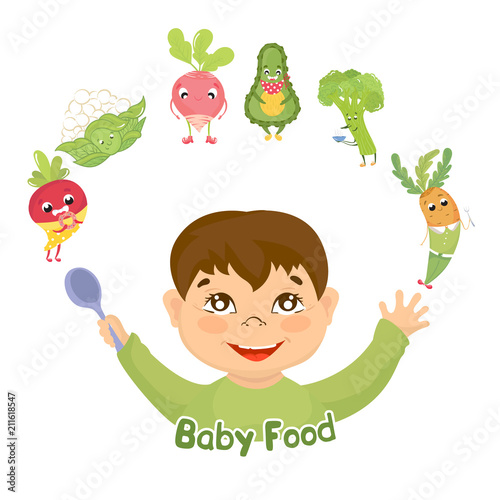 Cute little baby in diaper looking up. Curios child with finger in mouth choosing food. Healthy meal for children. Cartoon set with isolated  vegetables, meat, baby food. Kid's menu infographic.
