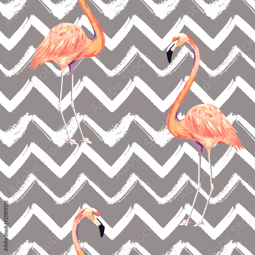 Abstract seamless pattern with exotic flamingo on striped chevron background....