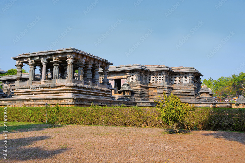 View of Nandi Mandapa and Hoysaleshwara Temple, Halebid, Karnataka. View from North East.