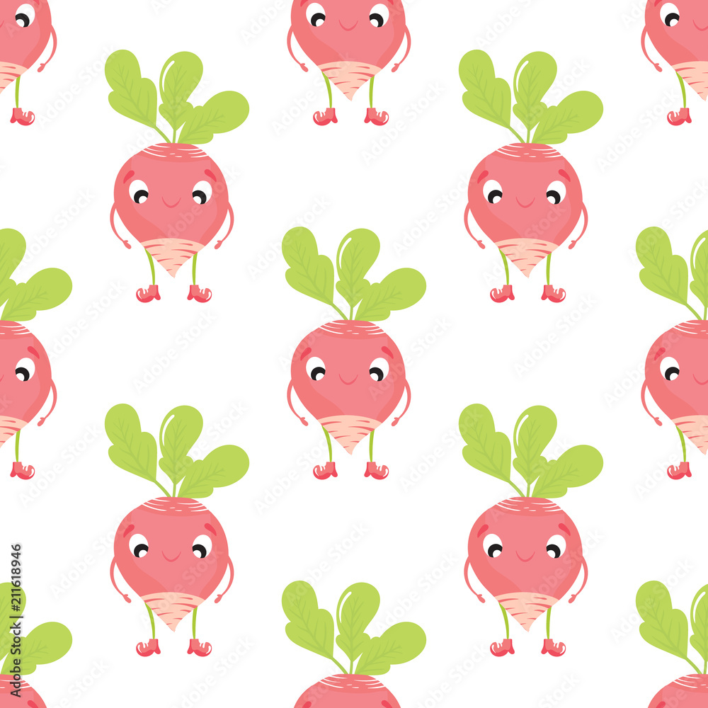 Fototapeta premium Radish in cartoon style isolated on white background. Vector illustration. Seamless pattern