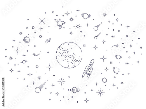 Fantastic undiscovered galaxy with unknown planets, science fiction, with stars, comets, asteroids and other elements. Explore universe, breathtaking space science. Thin line 3d vector illustration.