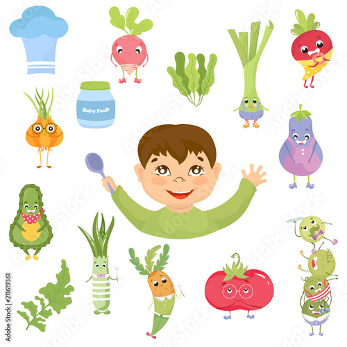 Cute little baby in diaper looking up. Curios child with finger in mouth choosing food. Healthy meal for children. Cartoon set with isolated  vegetables, meat, baby food. Kid's menu infographic.