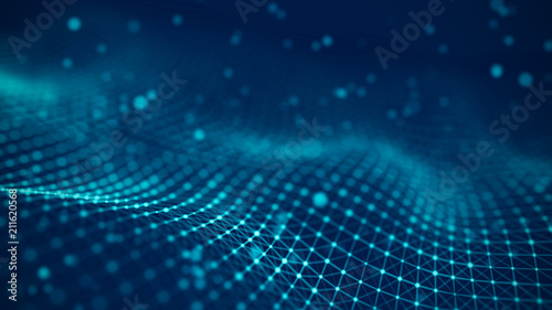 Data technology illustration. Abstract futuristic background. Wave with connecting dots and lines on dark background. Wave of particles.