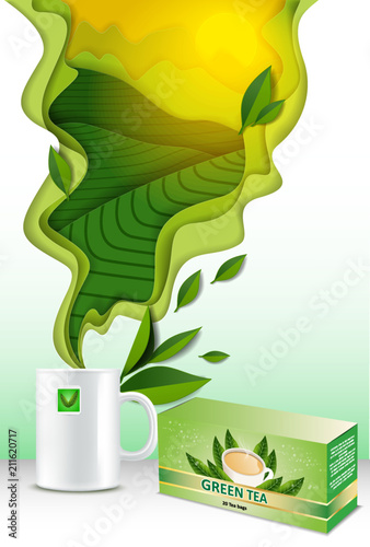 Vector paper cut 3d green tea poster template