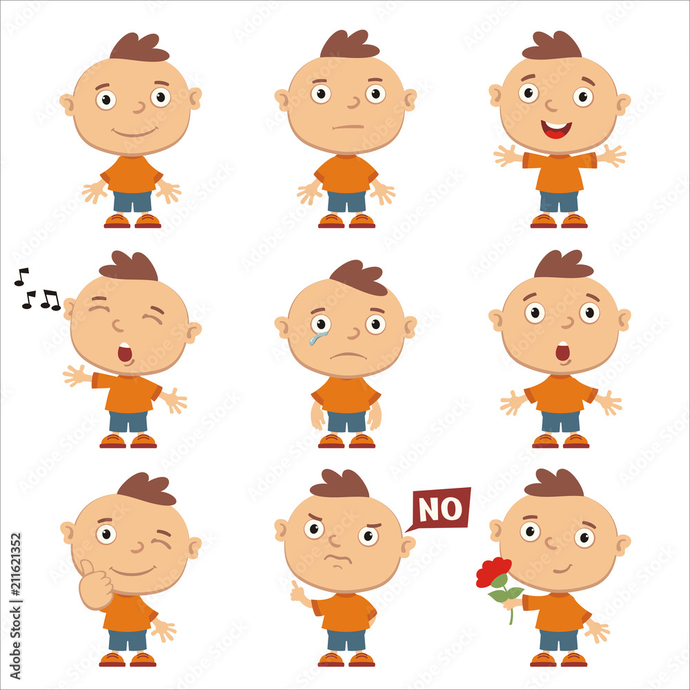 Set of emoticons of funny boy in different poses isolated on white background.
Set of emoticons of funny boy in different poses isolated on white background.