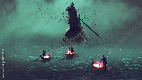 dark men with glowing souls on a boat meet the grim reaper, digital art style, illustration painting