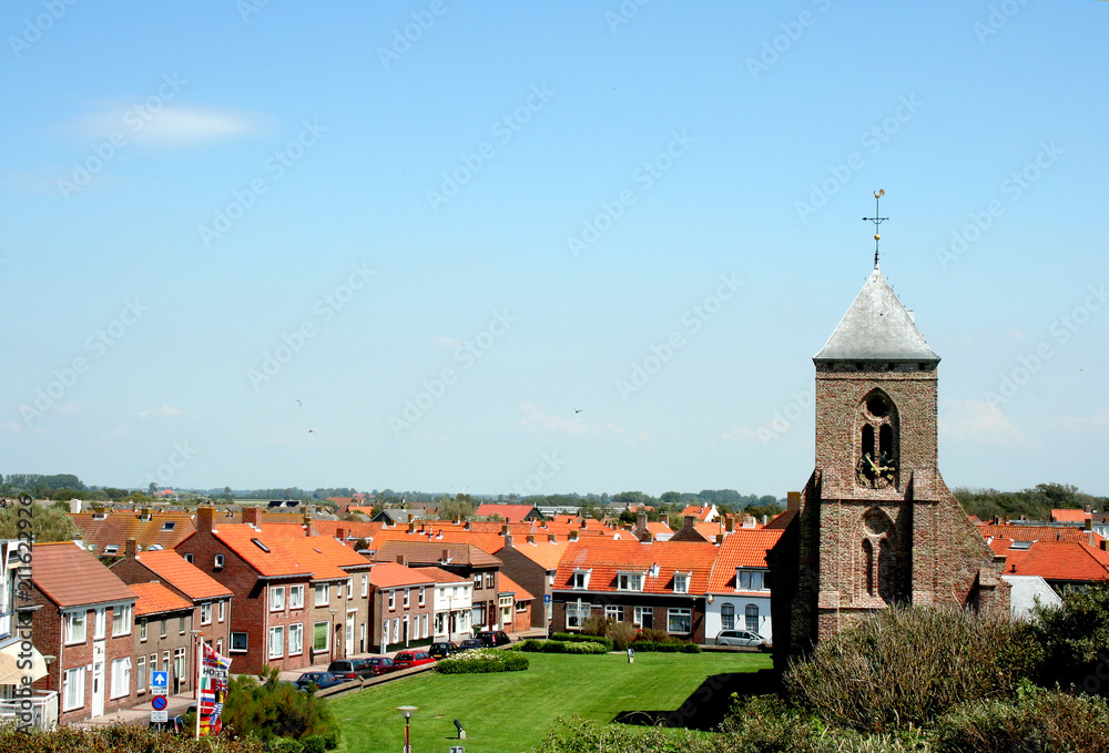 Bird view over the village and Exterior of the Catharina church