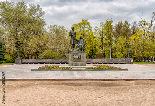 The monument to russian poet Alexander Pushkin and his nannyArina Rodionovna in the park of Pskov, Russia  photo