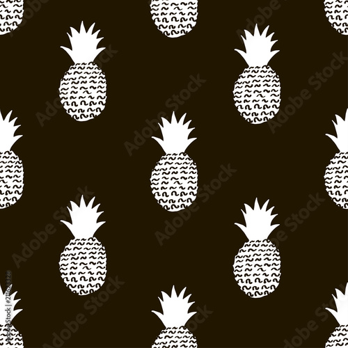 Seamless pattern with creative white pineapples on the black background.