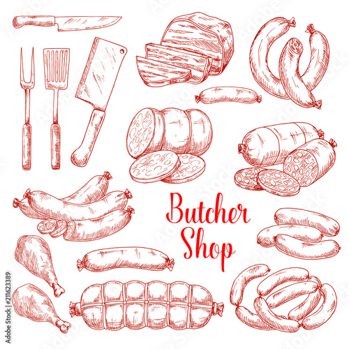Vector sketch icons of butchery meat products