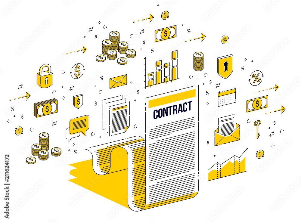 Contract sheet paper legal document and cash money stacks isolated on white background. 3d vector business isometric illustration with icons, stats charts and design elements.