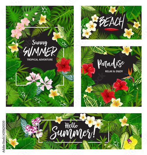 Summer tropical vacation card wth exotic palm leaf