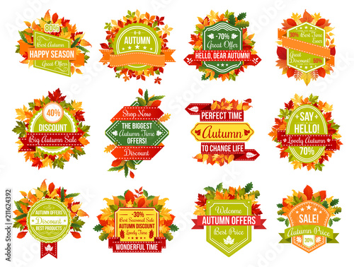 Autumn sale discount promo or fall seasonal icons