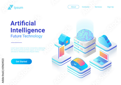 Isometric flat Artificial Intelligence Brain technology vector