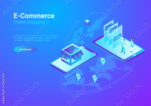 E-commerce World map isometric vector. People buy Smartphone