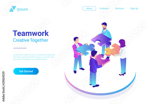 Isometric Flat vector Management Teamwork Business People Puzzle