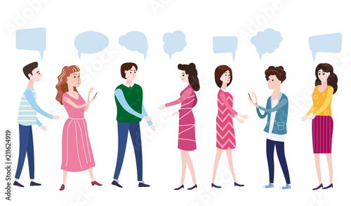 Vector illustration, modern cartoon style, businessmen discuss social network, news, social networks, chat, dialogue speech bubbles, characters, isolated