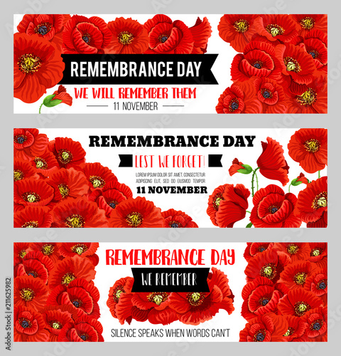 Remembrance day 11 November vector poppy banners