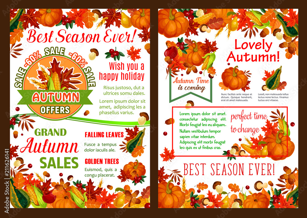 Fototapeta Autumn pumpkin, fruit harvest sale vector poster