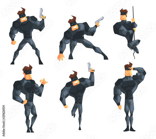 Secret agent in different actions. Posing with gun, hanging on rope, running and saluting. Muscular man in costume and mask. Flat vector set