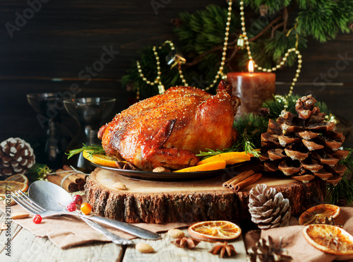 Baked turkey for Christmas Dinner or New Year space for text