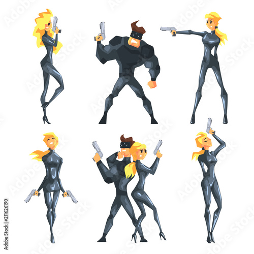 Flat vector set with secret agents in different poses with guns in hands. Sexy blond girl and handsome muscular man in costumes