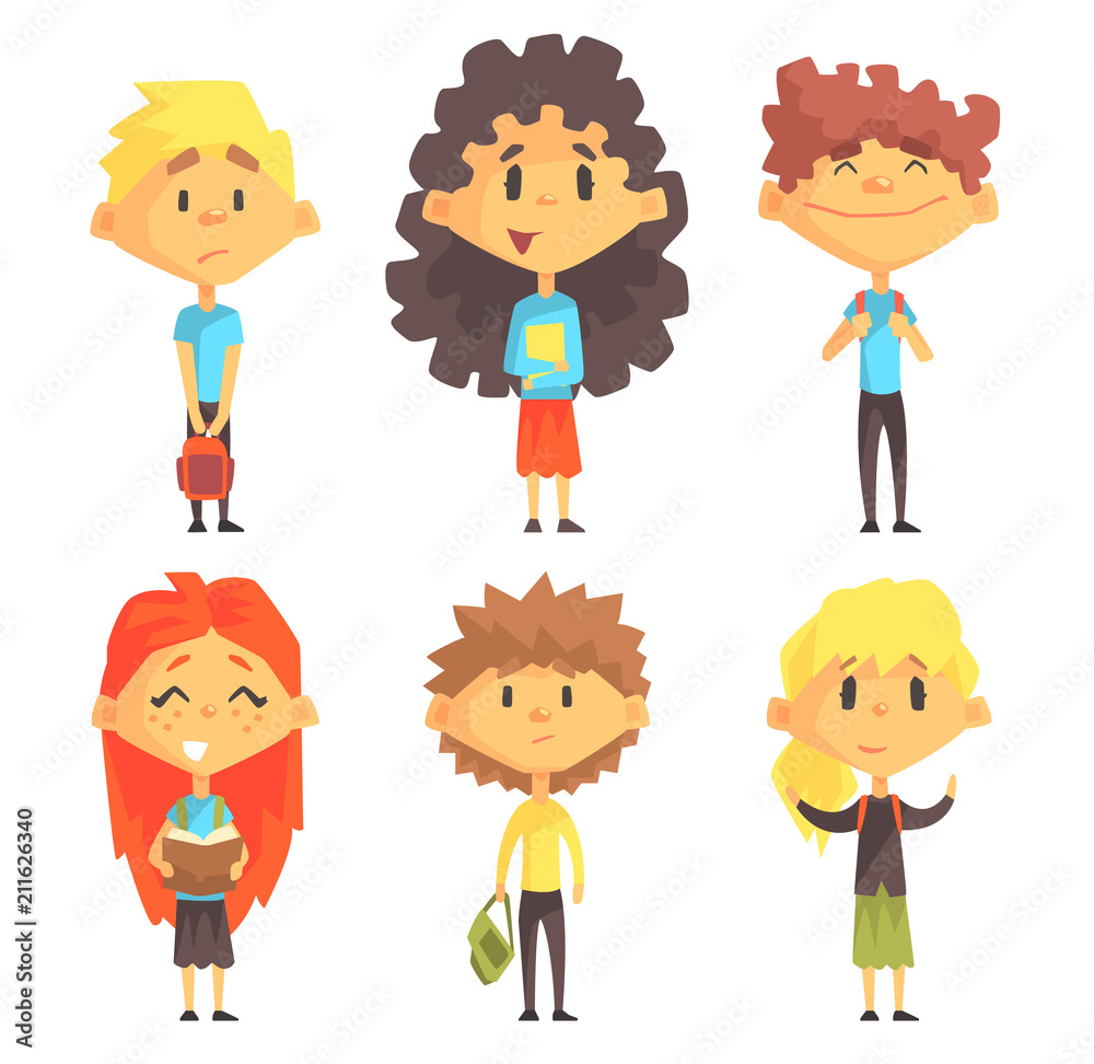 Flat vector set of disciples with books and backpacks. Pupils of elementary school. Education theme Flat vector set of disciples with books and backpacks. Pupils of elementary school. Education theme