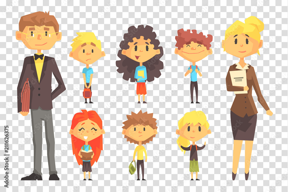 Funny disciples of elementary school and their teachers. Boys and girls with books and backpacks. Flat vector set Funny disciples of elementary school and their teachers. Boys and girls with books and backpacks. Flat vector set