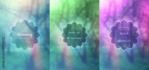 Set of three vector template for card or poster with inspirational phrase, vertical format; Spiritual sacred geometry; "Flower of life" and lotus on blurred background; Yoga, meditation and relax.