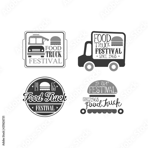 Vector set of 4 logo templates for food truck cafe. Burger cafe on wheels. Creative monochrome emblems