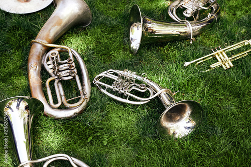 Several ancient musical wind instruments lie on the green grass in the park. photo