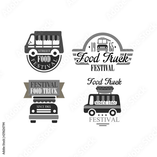 Set of original logo templates for food truck festival. Monochrome vector emblems with vans and lettering