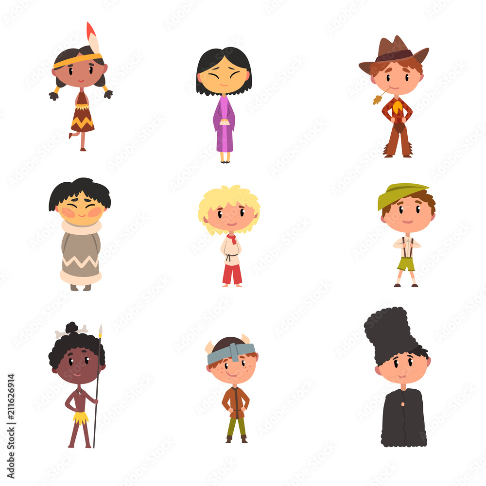 Kids in national clothes, boys and girls cartoon characters in traditional  costume of American Indian, Japanese, American Cowboy, Eskimo, Russian,  Australian Aboriginal, German vector Illustration Stock Vector | Adobe Stock