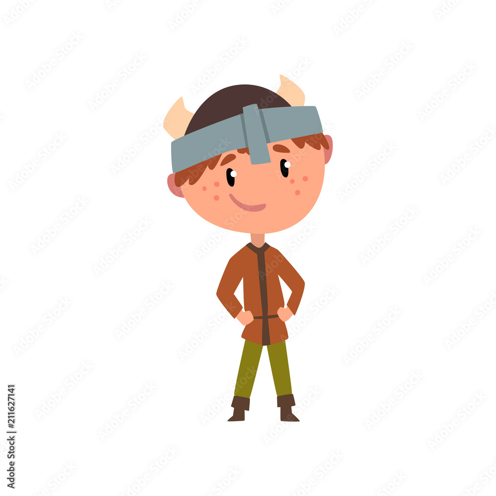Northern European boy in national clothes, kid cartoon character in traditional costume of Sweden, Norway or Scandinavia vector Illustration on a white background