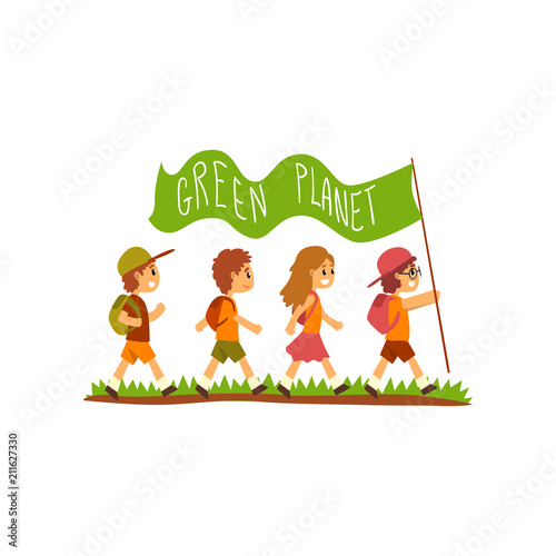 Kids with backpacks carrying flag with the inscription Green Planet  save the planet  ecology concept vector Illustration on a white background