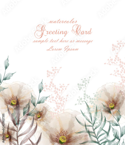 Watercolor flowers frame blossom card Vector. Vintage floral wedding invitati...