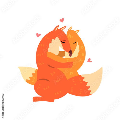 Couple of cute red foxes in love embracing each other, two happy  aniimals hugging with hearts over their head vector Illustration on a white background