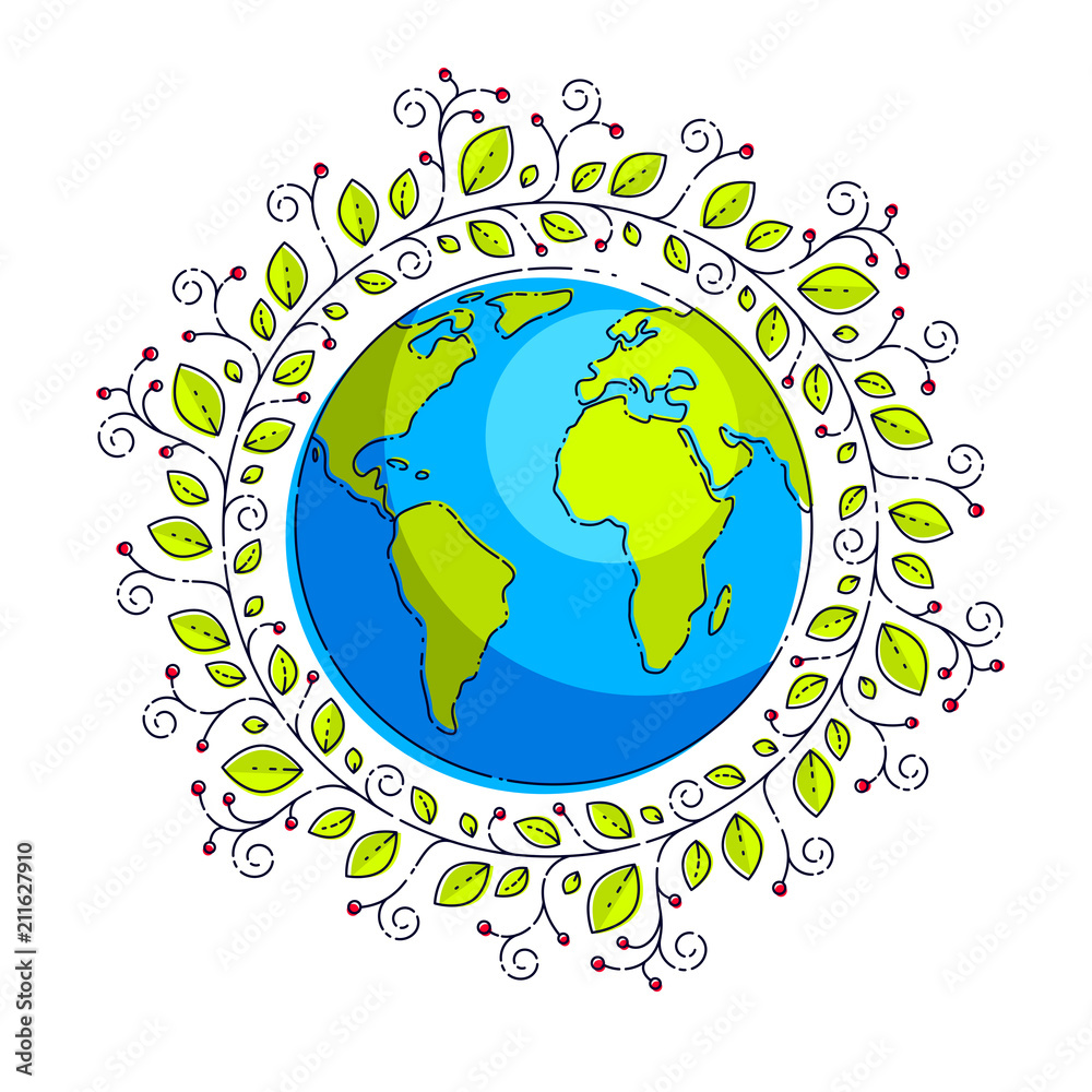 Naklejka premium Planet earth with green leaves floral ornate design, vector emblem or illustration isolated on white.
